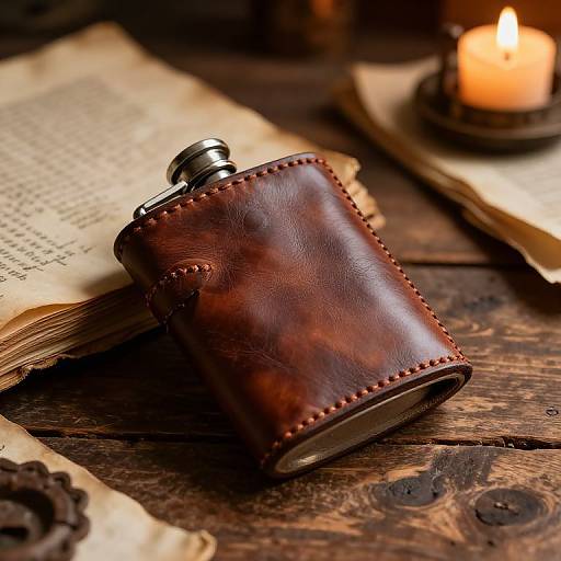 Photograph of a worn brown leather canteen with red stitching, beside an open book and a lit candle on a rustic wooden table.