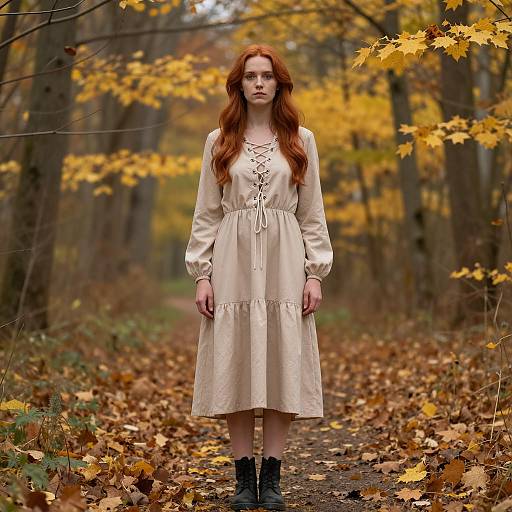 Woman with Red Hair in Autumn Forest