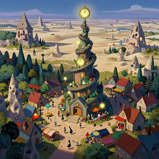Whimsical digital illustration of a spiral clock tower in a colorful, fantasy village with pyramid-shaped houses, bustling with people and vibrant market stalls under a
