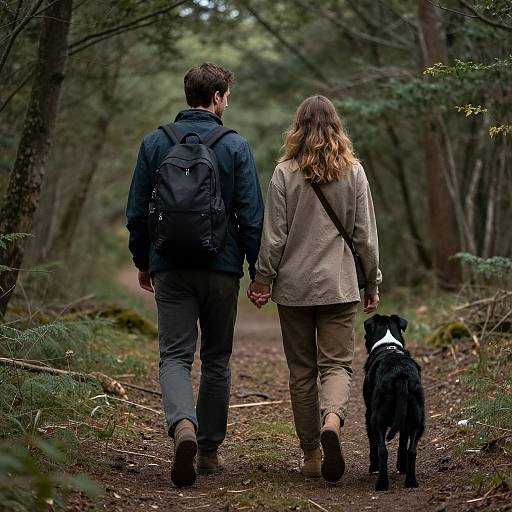 Couple and Dog Walking in Forest