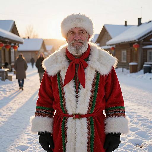 Photograph of a bearded, elderly man in a red Santa coat with white fur trim and green embroidery, standing in a snowy village at sunset.