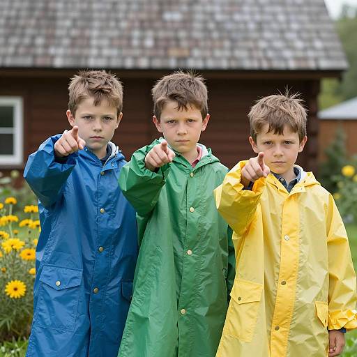 Three Boys in Colorful Raincoats Pointing Forward