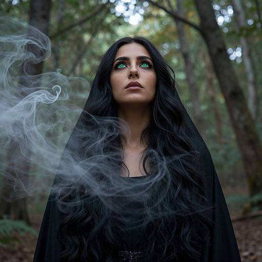 Photorealistic digital artwork of a pale-skinned woman with long black hair, glowing green eyes, black cloak, and swirling smoke in a forest.