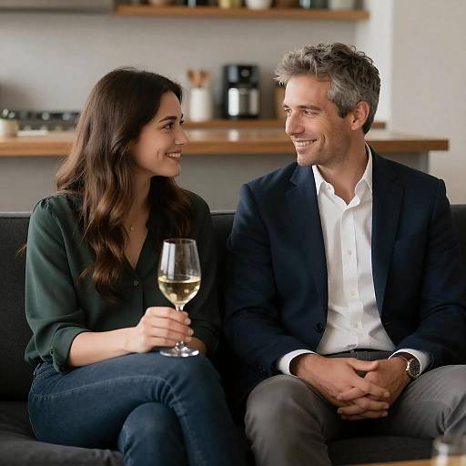 Warmly Lit Couple on Black Couch
