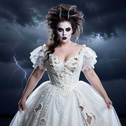 Dark, dramatic photograph of a pale-skinned woman with wild hair in a tattered white lace wedding dress, standing against a stormy sky with lightning