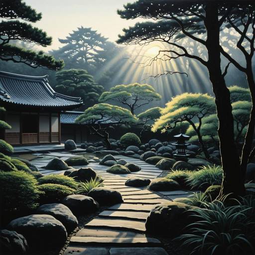 Ethereal Zen Garden Oil Painting at Dawn Ethereal Zen Garden Oil Painting at Dawn