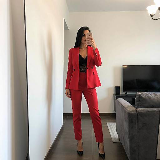 Woman in Red Suit Taking Mirror Selfie