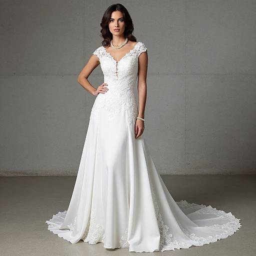 Photograph of a slender, dark-haired woman in a white, lace-trimmed, V-neck, long-sleeve wedding gown with a trailing