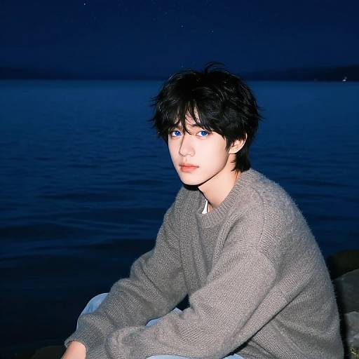 Photograph of a young man with messy black hair and blue eyes, wearing a gray sweater, sitting by a dark, calm lake at night.