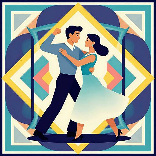 Digital illustration of a dancing couple in mid-waltz, wearing blue and white outfits, framed by geometric patterns in vibrant colors.