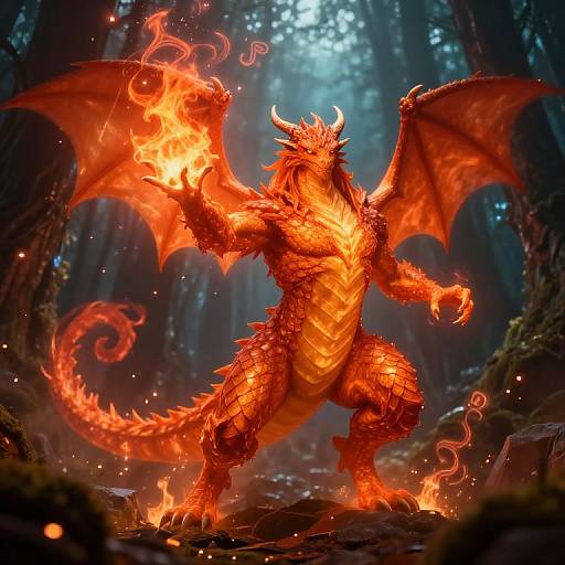 Digital artwork of a towering, fiery red dragon with glowing scales, large wings, and horns, standing in a dark, enchanted forest, conjuring flames