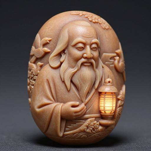 Photograph of a bronze, intricately carved Buddha holding a lantern, set against a dark gradient background, with floral and bird motifs.