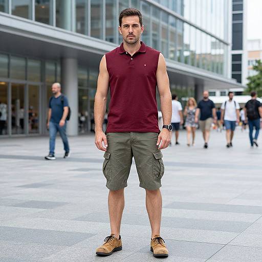 Photograph of a muscular, bearded man in sleeveless maroon polo, olive cargo shorts, and tan boots, standing in a modern urban plaza