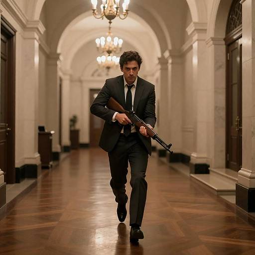 Intense Shooter in Elegant Hallway Scene
