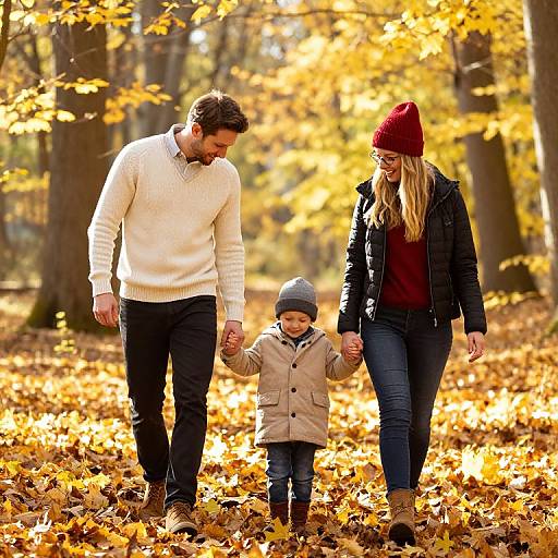 Photograph of a beaming family of three walking hand-in-hand through a golden autumn forest, surrounded by fallen leaves. The father wears a white sweater