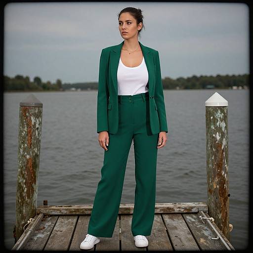 Photograph of a serious woman with dark hair in a green blazer, white tank top, and matching green pants, standing on a wooden dock by