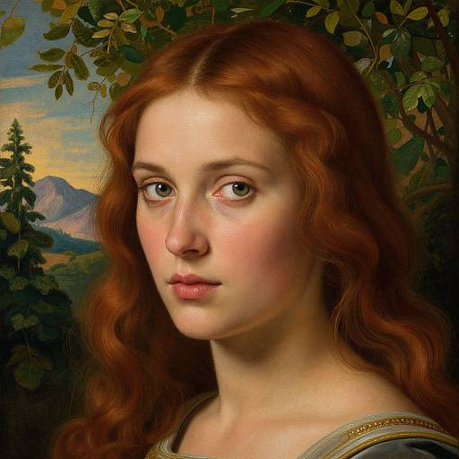 Digital painting of a pale-skinned, red-haired young woman with green eyes, looking slightly to the right, against a forest and mountain backdrop. Classic