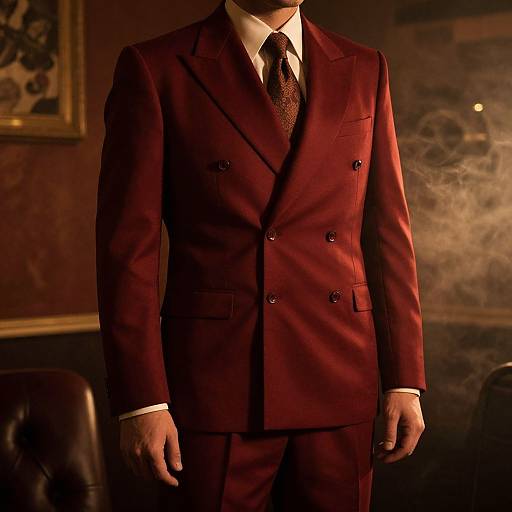 Photograph of a man in a dark red double-breasted suit with black buttons, white shirt, and patterned tie, standing in a dimly