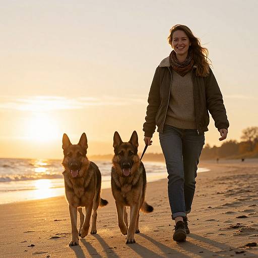 Photograph of a smiling woman with long brown hair, wearing a jacket and scarf, walking two German Shepherds on a golden sunset beach.
