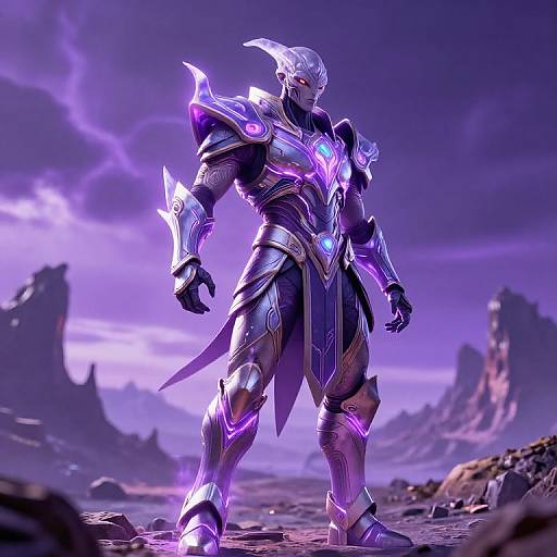 Digital artwork of a muscular, bald warrior in glowing purple and silver armor, standing on a rocky landscape under a stormy purple sky.