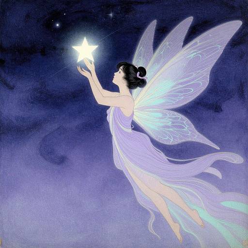 Digital illustration of a fairy with translucent wings, glowing light blue dress, and black hair, holding a bright star in a midnight blue sky.