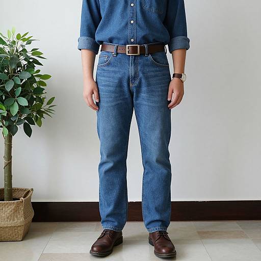 Photograph of a person in blue denim shirt and matching pants, brown belt, brown shoes, standing beside a potted plant.