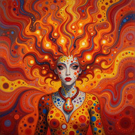 Vibrant digital painting of a woman with fiery, swirling orange and red hair, adorned with polka dots, and colorful jewelry, set against an