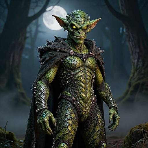 Digital CGI of a muscular, green-skinned goblin with glowing yellow eyes, wearing a spiked dark cape and armor, standing in a foggy,