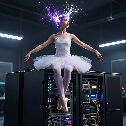 Photograph of a ballerina with a purple lightning hairpiece, sitting on server racks in a dark, futuristic room. White tutu, point