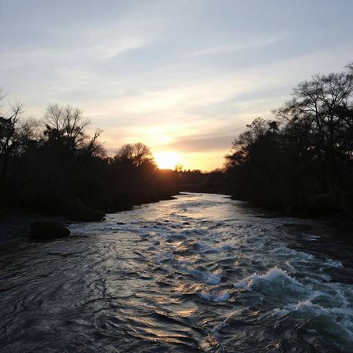 Photograph of a sunset over a flowing river, with silhouetted trees on both sides, creating a striking contrast between the glowing sky and dark