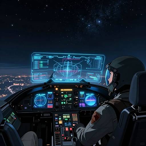Digital illustration of an astronaut in a cockpit at night, gazing at a glowing blue holographic navigation screen with a starry sky outside.