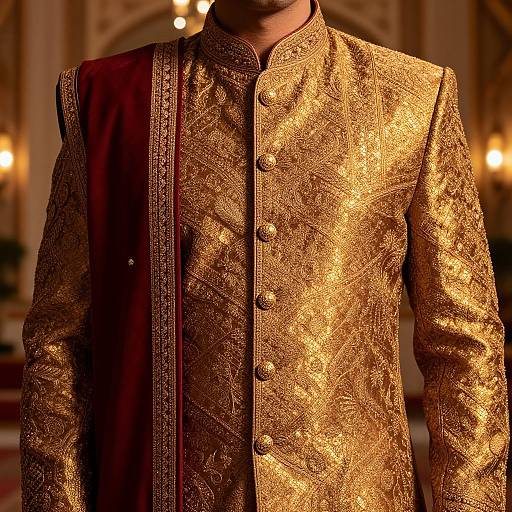 Photograph of a man's chest and shoulders in an ornate, gold embroidered sherwani with black and gold vertical stripe, set against a warmly