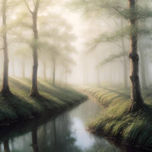 Serene Willow Riverbank in Morning Mist