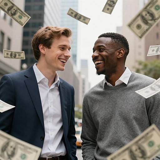 Joyful Men Surrounded by Dollar Bills