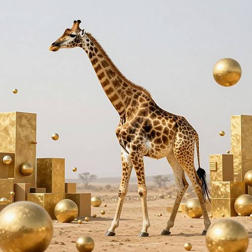 Photograph of a giraffe standing in a desert, surrounded by floating and stacked gold spheres, creating a surreal, luxurious effect.
