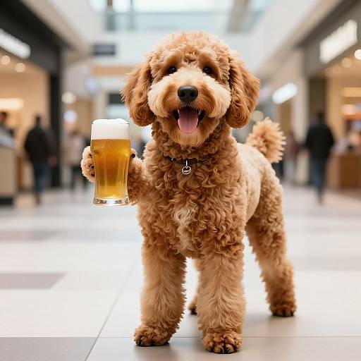 Photograph of a fluffy, brown, curly-coated dog holding a glass of beer in its right paw, standing in a brightly lit, blurred modern