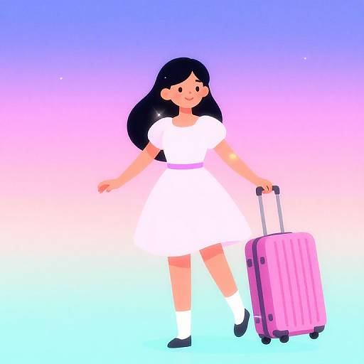 Digital illustration of a smiling girl with long black hair, wearing a white dress and white socks, pulling a pink suitcase against a gradient blue to pink background