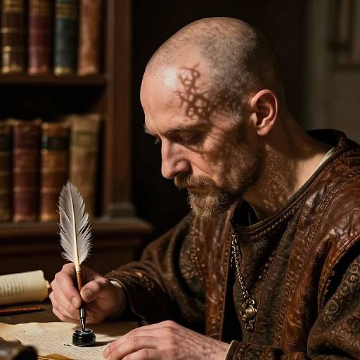 A bald, bearded man in medieval attire writes with a white feather quill in a dimly lit, book-filled study.