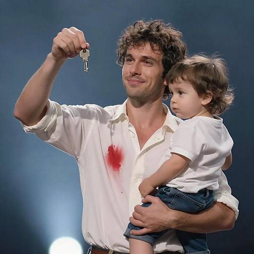 Backlit Man Holding Child Raises Key