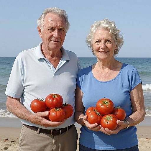 Photograph of an elderly white couple standing on a sunny beach, holding a basket of ripe red tomatoes, wearing casual summer clothes.