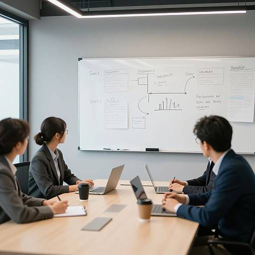 Photograph of three business professionals in suits, seated at a conference table, working on laptops, with a whiteboard in the background featuring a complex diagram