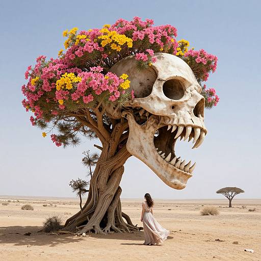 Photorealistic CGI of a desert scene with a giant skull tree adorned with pink and yellow flowers, and a woman in a flowing white dress standing at