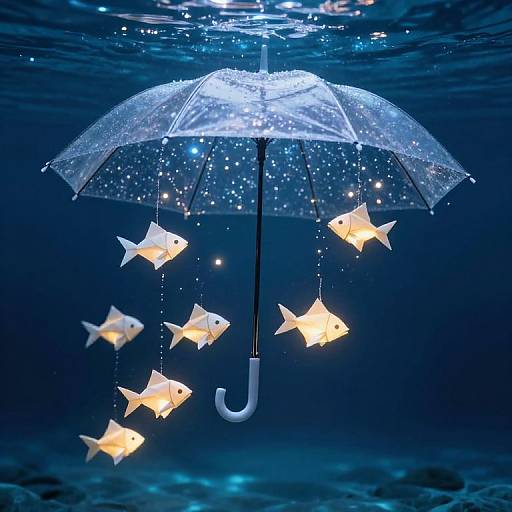 Photograph of a glowing, translucent umbrella with sparkling water droplets, hanging five illuminated fish-shaped lights underwater in a dark blue ocean.
