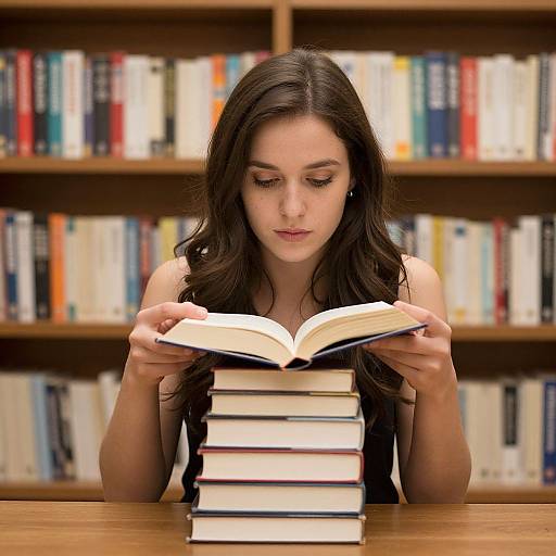 Photograph of a focused young woman with long brown hair, reading an open book atop a stack of books in a library.