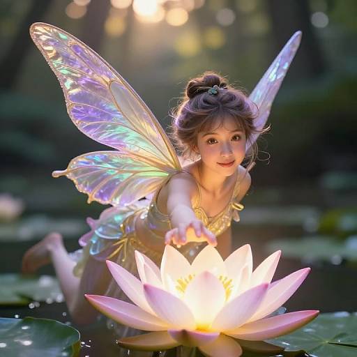 Photograph of a fairy girl with iridescent wings and brown hair, reaching towards a glowing pink lotus flower in a lush, sunlit forest