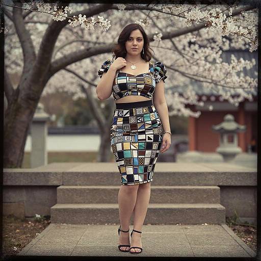 Elegant Woman in Geometric Print Ensemble