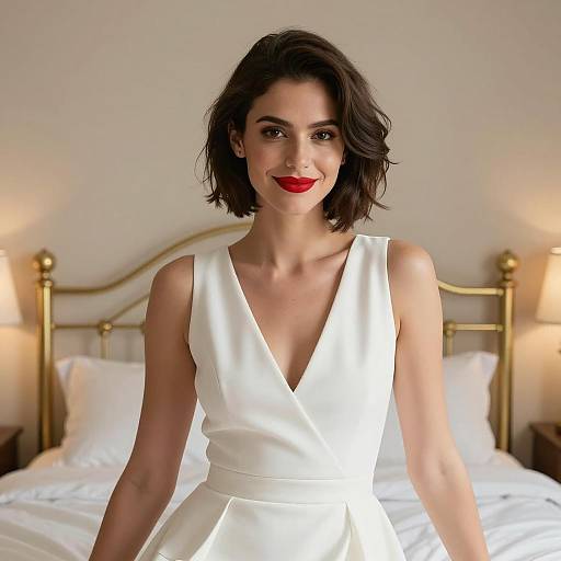 Elegant Woman in Ornate Bed Setting