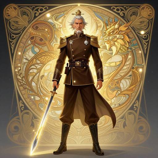 Digital artwork of an elderly, silver-haired man in a dark military uniform with epaulettes, holding a glowing sword, standing before an ornate