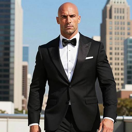 Photograph of a bald, muscular man in a black tuxedo with a white shirt and bow tie, standing confidently against a cityscape background with