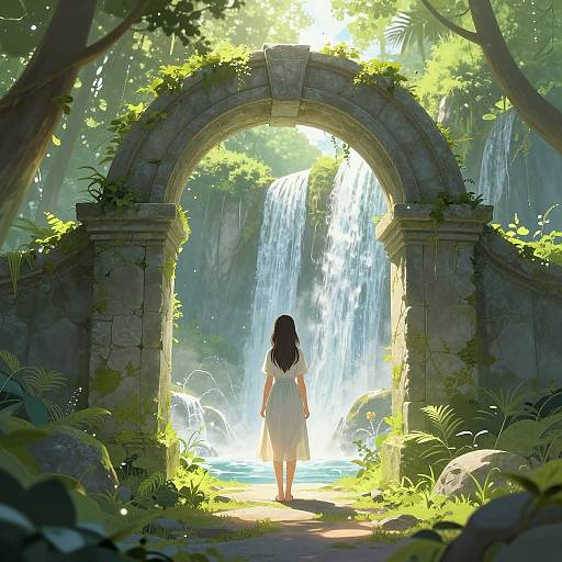 Digital painting: A woman with long black hair, in a white dress, stands before a sunlit, moss-covered archway, gazing at a